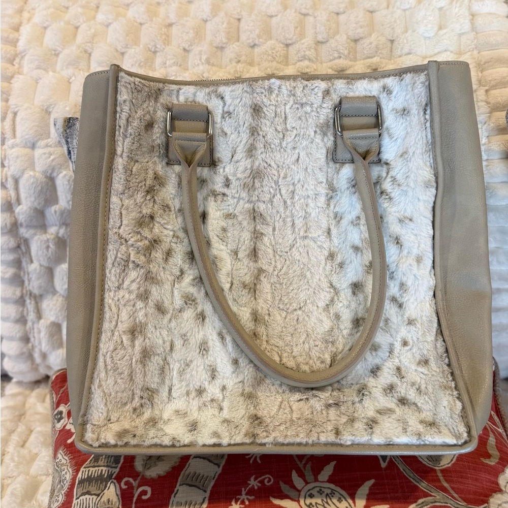 Dennis Basso Elegant Gray Faux Fur Tote Bag